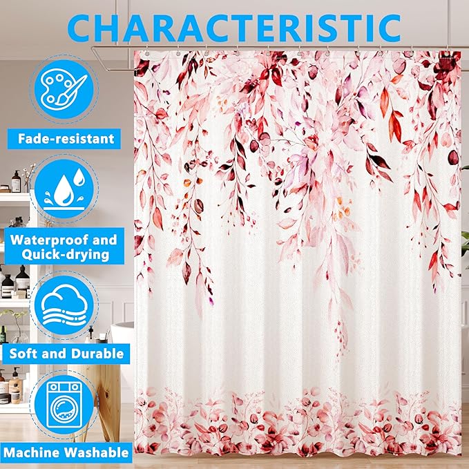 Pink Eucalyptus Leaves Shower Curtain for Bathroom:Aesthetic Art Watercolor Plant Shower Curtains Sets with Hooks,Waterproof Fabric Decor 72x72 inches.