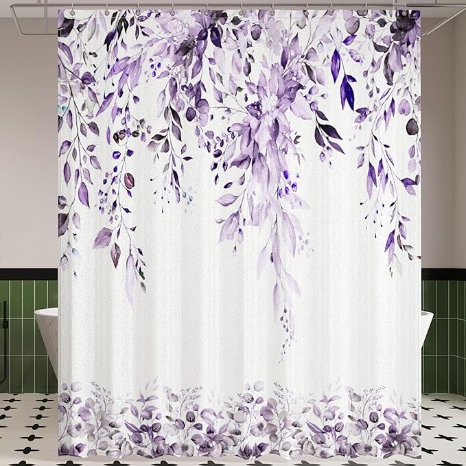 Purple Eucalyptus Leaves Shower Curtain for Bathroom:Aesthetic Art Watercolor Plant Shower Curtains Sets with Hooks,Waterproof Fabric Decor 36x72 inches.