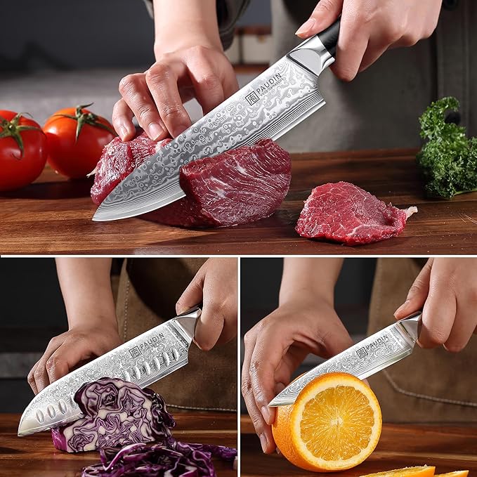 PAUDIN Damascus Knife Set 3 PCS, Japanese VG10 Steel Core, Ultra Sharp Chef Knife Set, Full Tang G10 Handle, Damascus Kitchen Knives