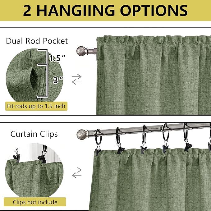 Sage Green Kitchen Curtains 45 Inch Length 2 Panels, Light Filtering Faux Linen Textured Short Kitchen Window Curtains Over Sink, Half Curtain Tiers for Cabinet Bathroom Basement, 30"Wx45"L