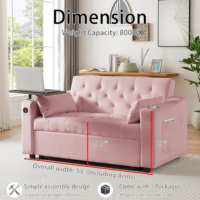 53'' Convertible Sleeper Sofa Bed with Adjustable Backrest, Chaise Lounge, Side Table & Two Pillows – Stylish & Functional Addition to Any Living Room (Modern Pink)