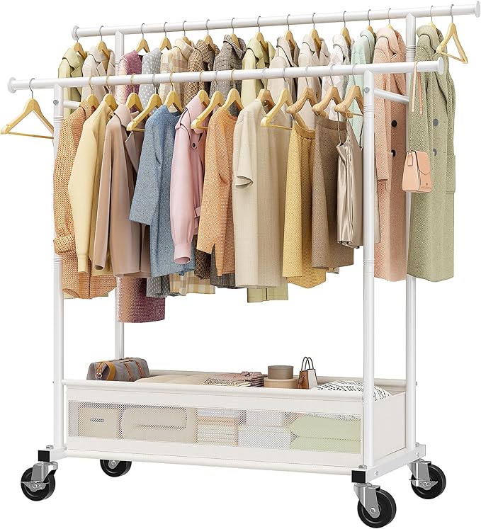 Clothes Rack, Double Rod Clothing Rack with Storage Bag & Sturdy Wheels, Metal Garment Rack for Closet Organizers and Storage, 43.3" W×17.7" D×63" H