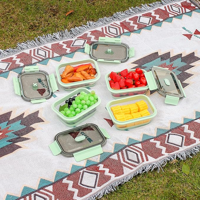 Collapsible Food Storage Containers with Lid & Air Vent, Clear Stacking Silicone Collapsible Food Container Set, Microwave Freezer Dishwasher Safe Space-Saver, Set of 4, Mint Green