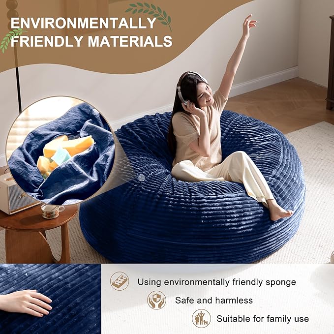 Bean Bag Chair for Adults, Floor Bean Bags Offers Ample Space for Adults,Memory Foam Giant Bean Bags,Lounger Versatile Design Suits Any Room,Movie Nights,Reading (Striped Blue, 5FT)