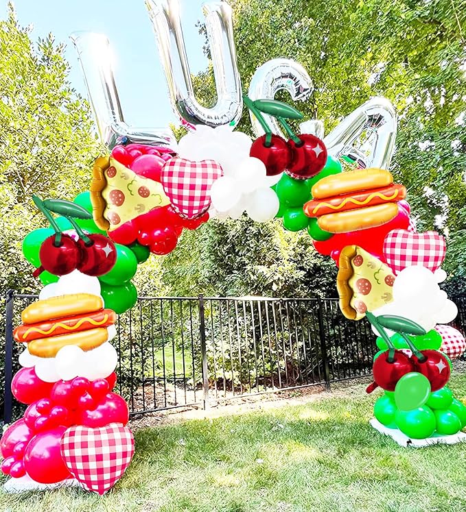 10 Pcs Food Balloon Kit Hot Dog, Pizza, Cherry Balloons and Red White Plaid Gingham Balloon for Summer Picnic BBQ/Pizza, Hot Dog Party/Picnic Themed Balloon for Birthday Party Decorations