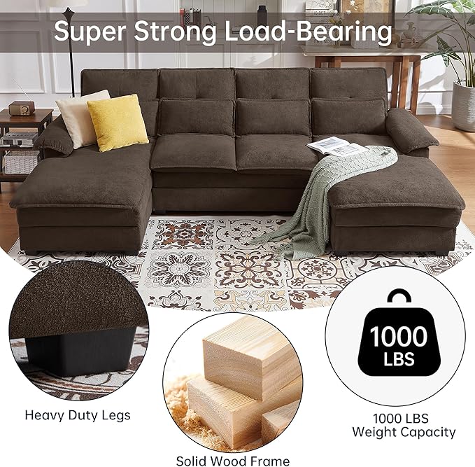 110" Convertible Sectional Sofa, U Shape Cloud Couch, Comfy Couches with Double Chaise and Sleepable Armrests, 4 Seats Sectional Couches for Living Room, Coffee