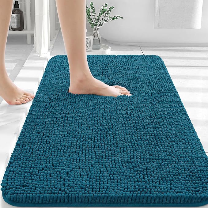 OLANLY Bathroom Rugs 30x20, Extra Soft Absorbent Chenille Bath Rugs, Rubber Backing Quick Dry, Machine Washable Bath Mats for Bathroom Floor, Tub and Shower, Home Decor Accessories, Peacock Blue