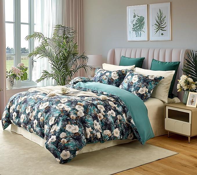Cupocupa Duvet Cover Queen Size Set Boho Floral Pattern Queen Duvet Cover Set for Queen Size Bed Vintage Soft Bedding Leaf Print Duvet Cover with Pillowcases