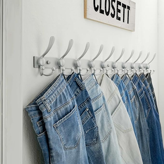 Dseap MaxStrong 2.0 Coat Rack Wall - 37” Long 10 Tri Hooks - Ultra Heavy-Duty Stainless Steel Wall Mount Coat Hanger, Hook Rail for Clothes Hats Jacket Towels Silver