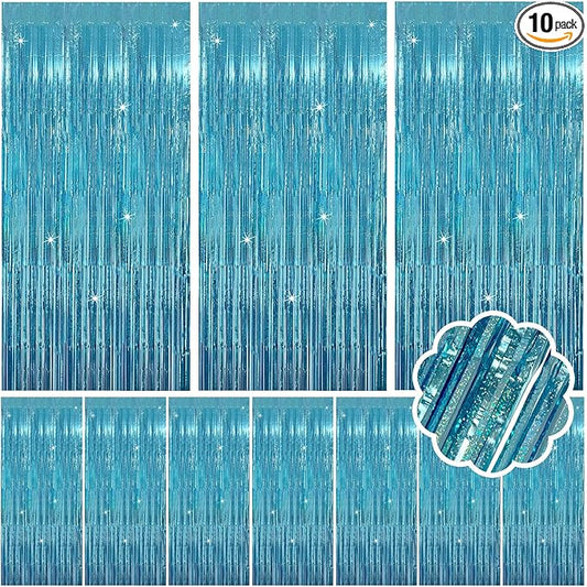 10 Pack Blue Streamers Party Decorations Tinsel Backdrop Glitter Blue Foil Fringe Party Decor for Ocean Theme Birthday Party Baby Shower Halloween