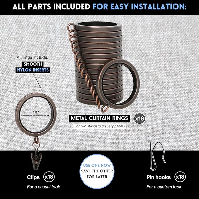 BlastHome® Luxury Curtain Rings - Premium Metal with Quiet, Smooth Nylon Inserts - Pinhooks and Clips Included - 1 1/2" Inside Diameter - 18 Rings for Two Standard Curtains - Oil Rubbed Bronze