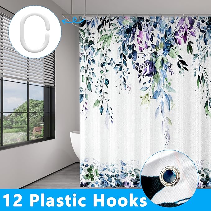 Green Eucalyptus Leaves Shower Curtain for Bathroom:Aesthetic Art Watercolor Plant Shower Curtains Sets with Hooks,Waterproof Fabric Decor 72x78 inches.