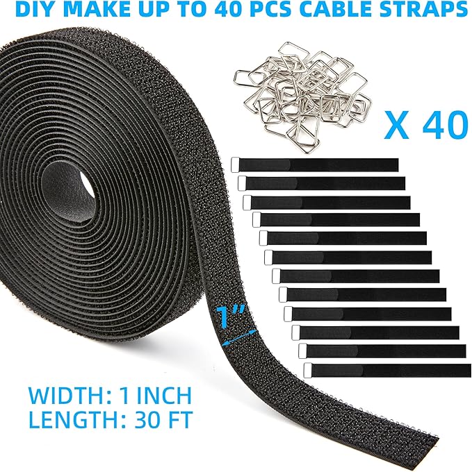 1" x 30ft Reusable Cable Straps Roll with 40 Metal Buckles Adjustable Cut-to-Length Nylon Cable Ties and Fastening Straps for Organizing and Storage Black