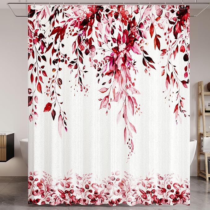 Red Eucalyptus Leaves Shower Curtain for Bathroom:Aesthetic Art Watercolor Plant Shower Curtains Sets with Hooks,Waterproof Fabric Decor 72x72 inches.