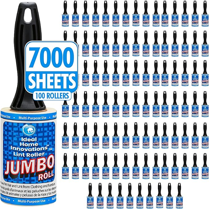 Jumbo Lint Rollers - Extra Sticky Pet Hair Remover for Clothes, Carpet, Furniture & Car - Dog/Cat Hair Lint Remover - 100 Rolls, 7000 Sheets - Easy Peel, Made in USA