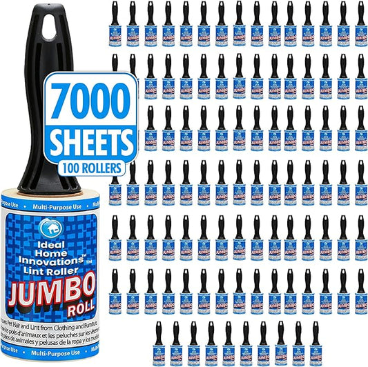 Jumbo Lint Rollers - Extra Sticky Pet Hair Remover for Clothes, Carpet, Furniture & Car - Dog/Cat Hair Lint Remover - 100 Rolls, 7000 Sheets - Easy Peel, Made in USA