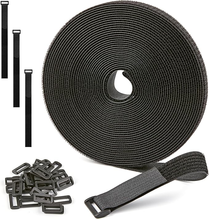 1" x 30ft Nylon Hook and Loop Cable Straps Roll with 40 Plastic Buckles - Reusable, Adjustable, Cut-to-Length for Organizing Cords, Wires & Storage Solutions