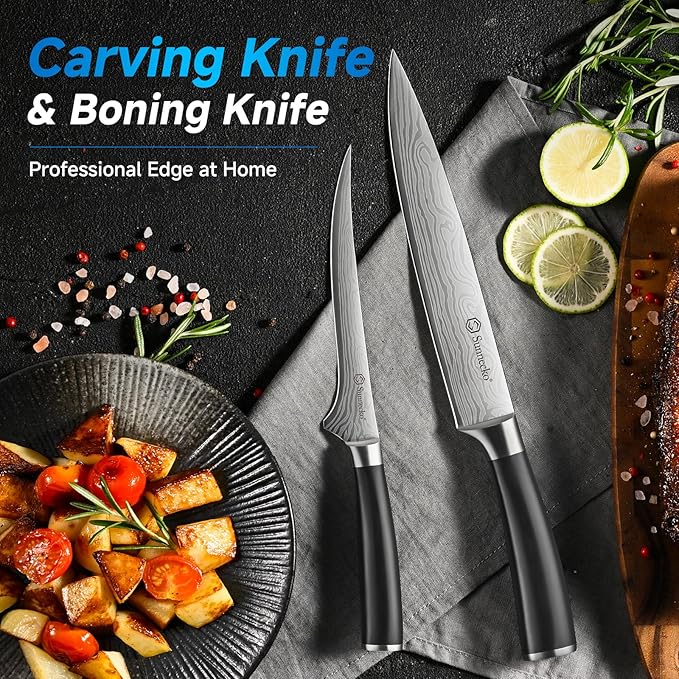 Sunnecko Knife Set with Block and Sharpener, 15 PCS Kitchen Knife Block Set Sharp Kitchen Knives High Carbon Stainless Steel with Black Handles