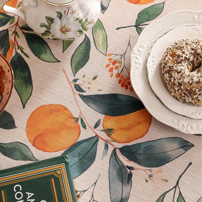 patdrea Designer Linen Round Table Cloth,Vintage Framhouse Oranges and Leaves Pattern Tablecloth,Decor Table Cover for Kitchen Dining Christmas,Thanksgiving,Tea Party,Diameter 67"-Palladin a