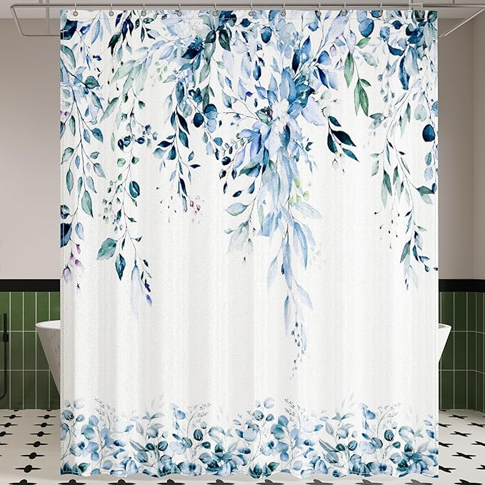 Blue Eucalyptus Leaves Shower Curtain for Bathroom:Aesthetic Art Watercolor Plant Shower Curtains Sets with Hooks,Waterproof Fabric Decor 72x72 inches.