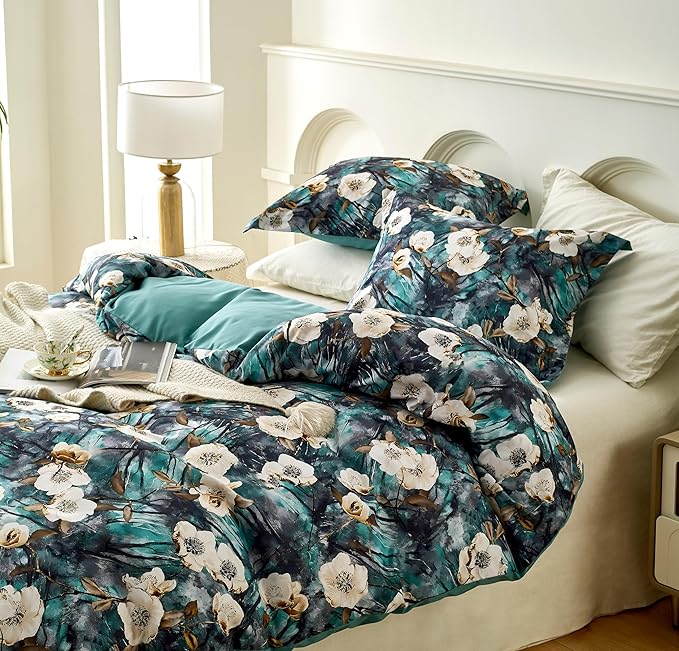 Cupocupa Twin Duvet Cover Set - Boho Floral Vintage Bedding, Teal Botanical Art Print Microfiber Duvet Cover with Pillowcase, Soft Breathable Comforter Cover (Twin Size, Comforter Not Included)