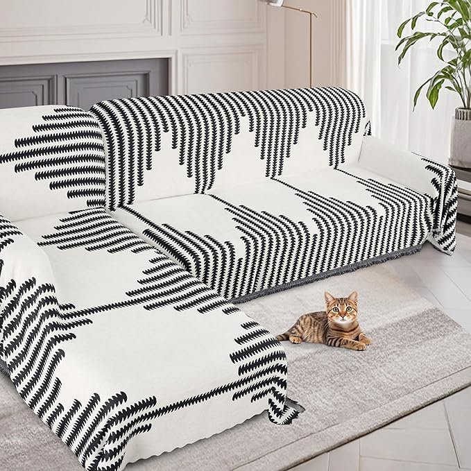 ALIECOM Boho Couch Covers for Sectional Sofa 2 Piece Thick Chenille L Shape Sofa Cover Washable Reversible Couch Cover Blanket Sofa Slipcovers Pet Dog Furniture Protector (XX-Large, Fashion Black)
