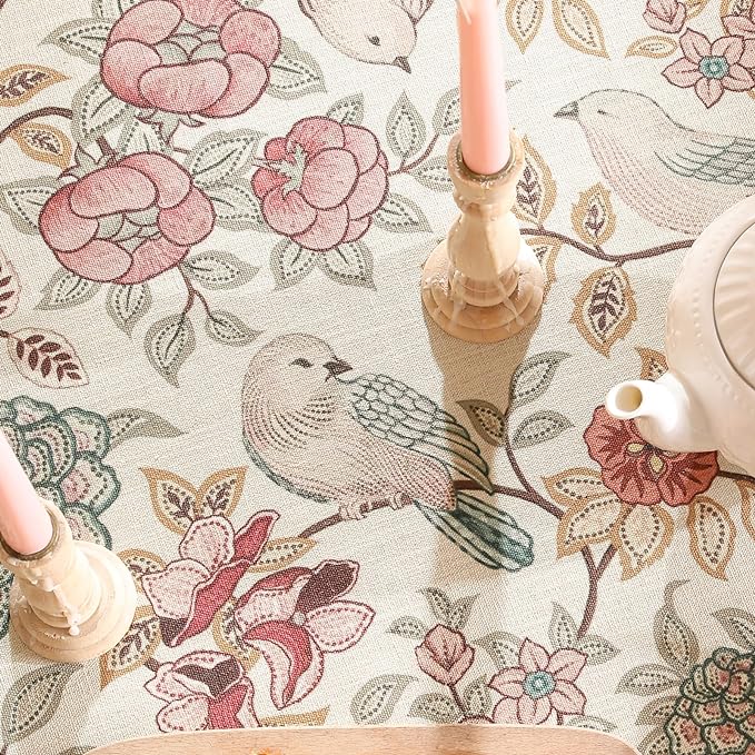 patdrea Designer Pink Linen Table Cloth for Rectangle Table,Vintage Floral with Birds Pattern Decorative Tablcloth,French Table Cover for Kitchen Dining,Thanksgiving,Christmas,67"x118"-Kulom a
