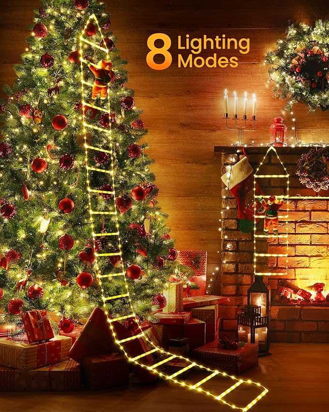 Toodour LED Christmas Lights - 10ft Christmas Decorative Ladder Lights with Santa Claus, Xmas Decorations Light for Indoor Outdoor, Window, Garden, Home, Wall, Xmas Tree Decor - Warm White