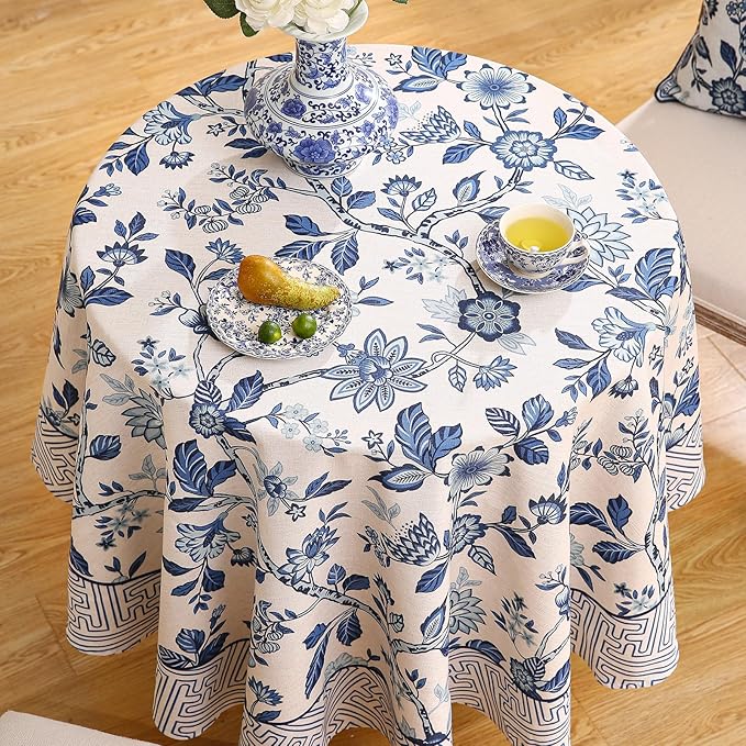 Vintage French Linen Round Tablecloth,Blue and White Floral Wrinkle Free Tablecloths,Decorative Table Cover for Kitchen,Dining,Tea Party,Thanksgiving,Christmas,Diameter 67"-Suqing