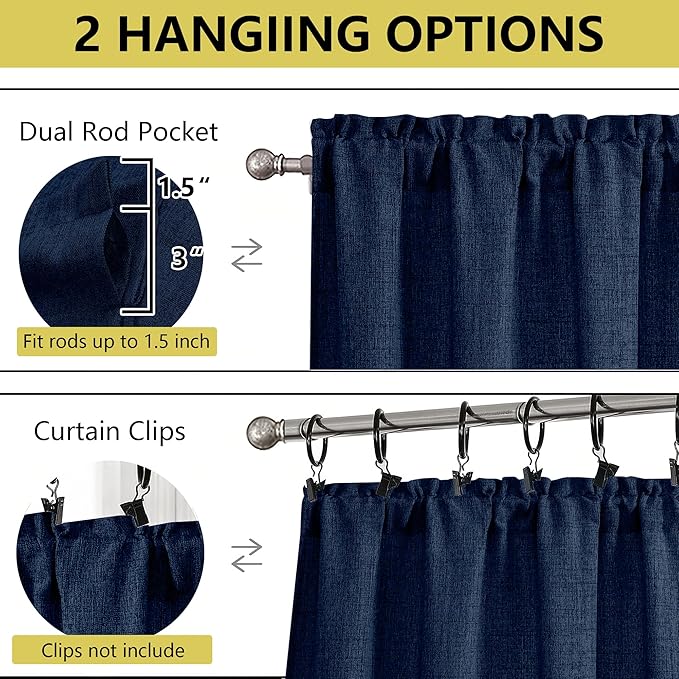 Navy Blue Kitchen Curtains 45 Inch Length 2 Panels, Light Filtering Faux Linen Textured Short Kitchen Window Curtains Over Sink, Half Curtain Tiers for Cabinet Bathroom Basement, 30" Wx45 L