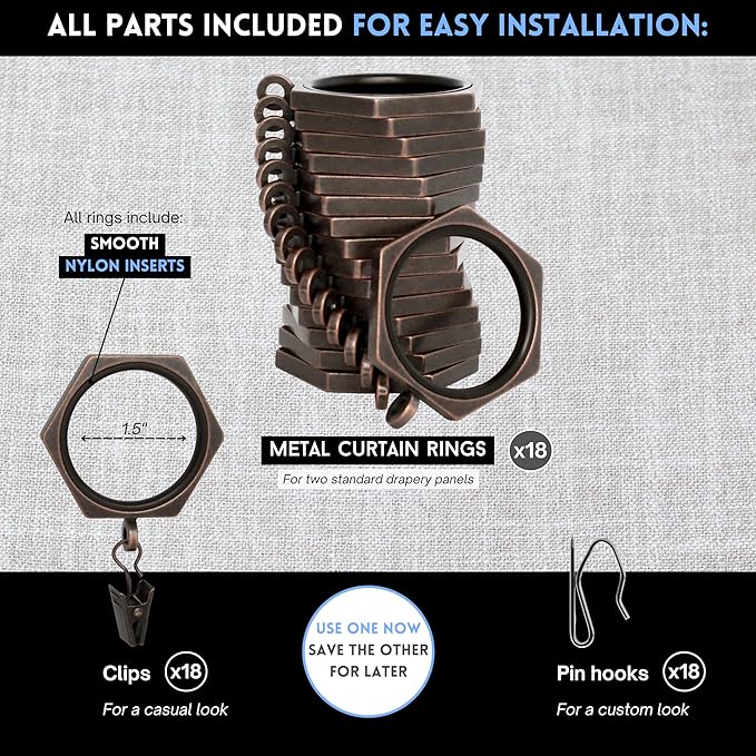 BlastHome® Luxury Curtain Rings - Premium Metal with Quiet, Smooth Nylon Inserts - Pinhooks and Clips Included - 1 1/2" Inside Diameter - 18 Rings for Two Standard Curtains - Oil Rubbed Bronze