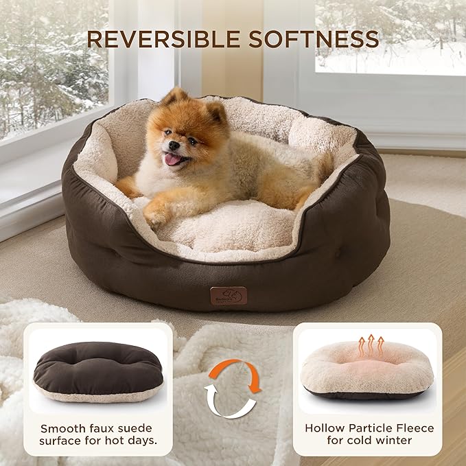 Bedsure Self Warming Dog Beds for Small Dogs - Round Medium Cat Beds for Indoor Cats, Washable Pet Bed for Puppy and Kitten with Slip-Resistant Bottom, 25 Inches, Self Warming Brown, Non-Electric