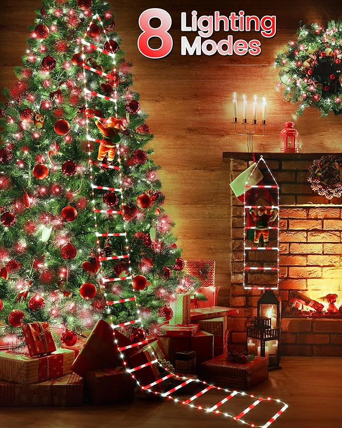 Toodour LED Christmas Lights - 10ft Christmas Decorative Ladder Lights with Santa Claus, Xmas Decorations Light for Indoor Outdoor, Window, Garden, Home, Wall, Xmas Tree Decor - White & Red