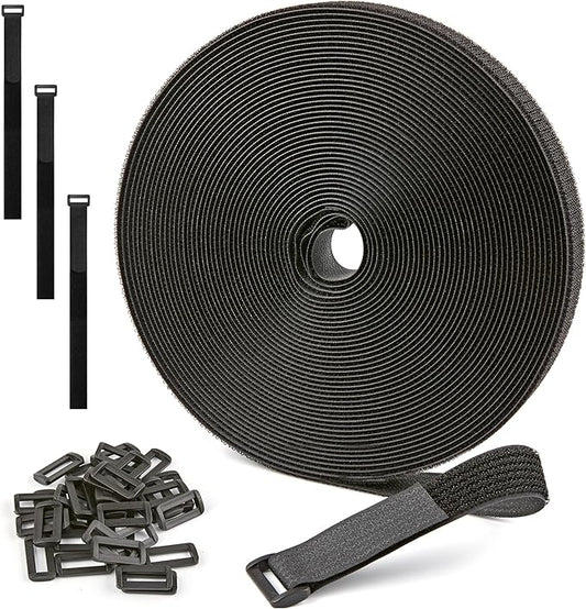 1" x 40ft Nylon Hook and Loop Cable Straps Roll with 50 Plastic Buckles - Reusable, Adjustable, Cut-to-Length for Organizing Cords, Wires & Storage Solutions