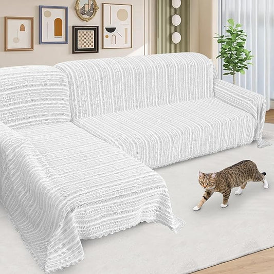 ALIECOM Boho Couch Covers for Sectional Sofa 2 Piece Thick Chenille L Shape Sectional Sofa Cover Dog Couch Cover Blanket Sofa Slipcovers Pet Furniture Protector Washable (XX-Large, Lines Light Grey)