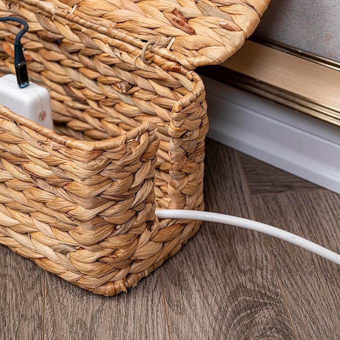 PEMAR Natural Wicker Cable Management Box, Cable Organizer, 2 Open Slots, Under Desk Cord Organizer, Cover & Hide Power Strips & Cords for TV Desk, Computer, Router, USB Hub (Natural Water Hyacinth)