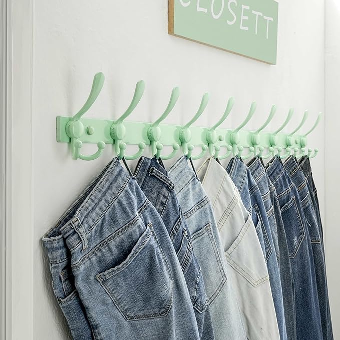 Dseap MaxStrong 2.0 Coat Rack Wall - 37” Long 10 Tri Hooks - Ultra Heavy-Duty Stainless Steel Wall Mount Coat Hanger, Hook Rail for Clothes Hats Jacket Towels Green