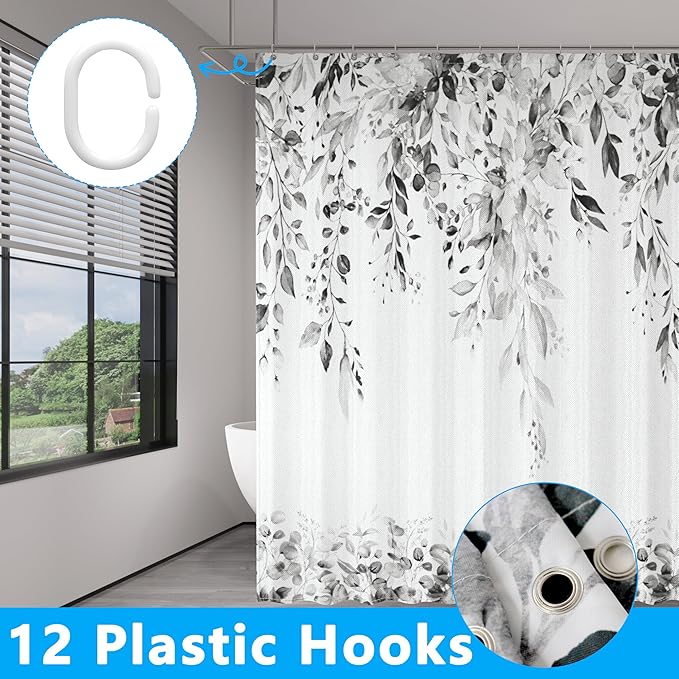 Grey Eucalyptus Leaves Shower Curtain for Bathroom:Aesthetic Art Watercolor Plant Shower Curtains Sets with Hooks,Waterproof Fabric Decor 72x72 inches.