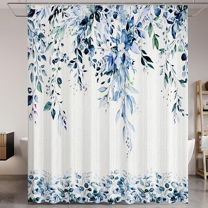 Blue Eucalyptus Leaves Shower Curtain for Bathroom:Aesthetic Art Watercolor Plant Shower Curtains Sets with Hooks,Waterproof Fabric Decor 72x72 inches.