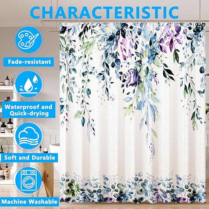 Green Eucalyptus Leaves Shower Curtain for Bathroom:Aesthetic Art Watercolor Plant Shower Curtains Sets with Hooks,Waterproof Fabric Decor 36x72 inches.