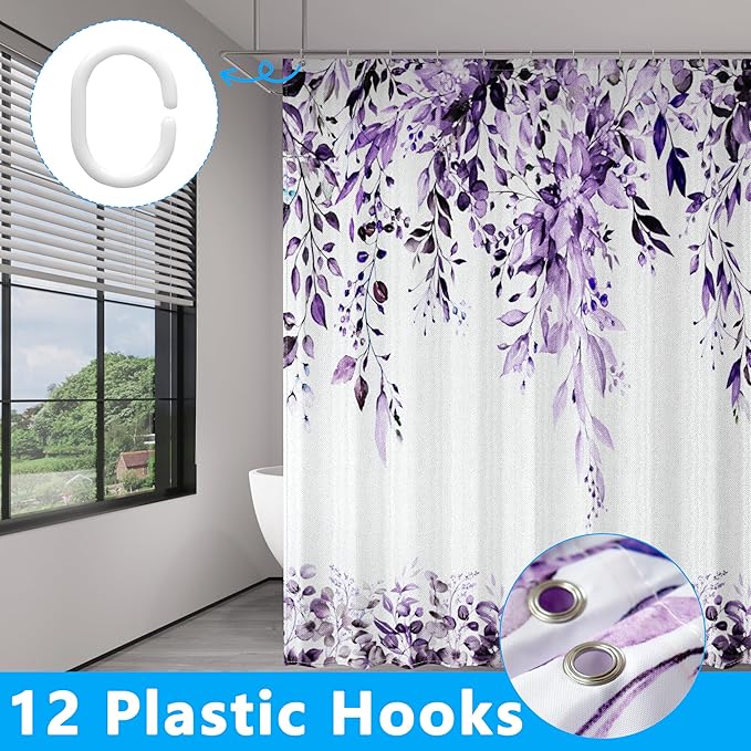 Purple Eucalyptus Leaves Shower Curtain for Bathroom:Aesthetic Art Watercolor Plant Shower Curtains Sets with Hooks,Waterproof Fabric Decor 60x72 inches.
