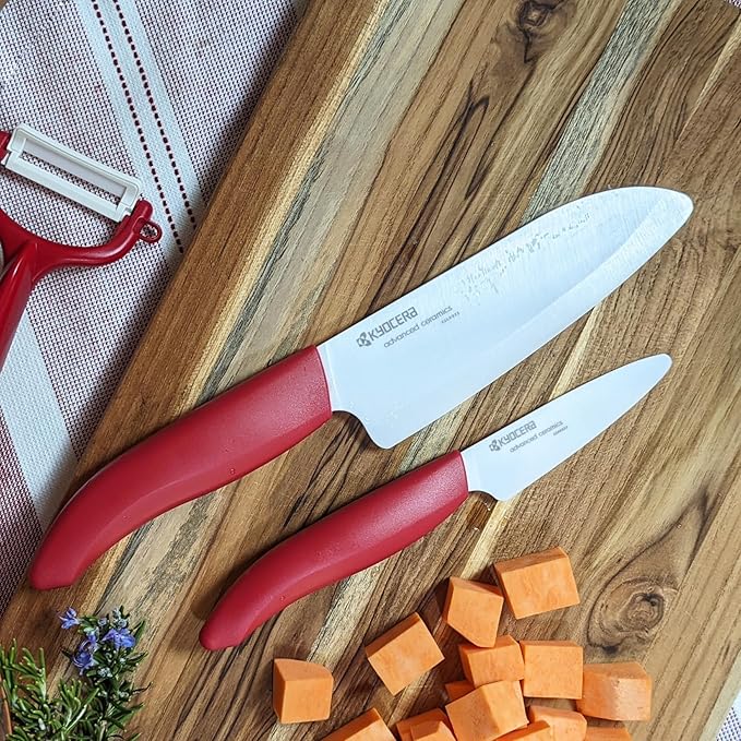 Kyocera 3-Piece Ceramic Knife Set: Includes 6-inch Chef's Knife, 5-inch Micro Serrated Knife, and 3-inch Paring Knife - Red Handles with White Blades