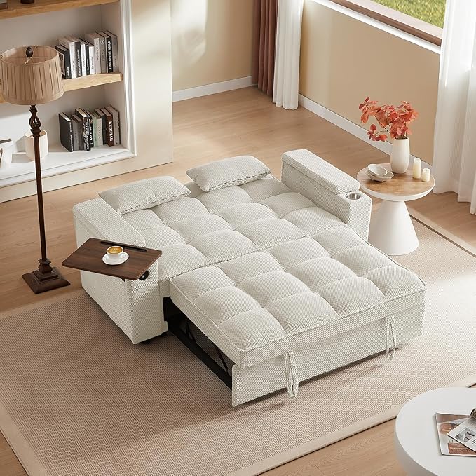 65'' Convertible Sleeper Sofa Bed with Adjustable Backrest, Chaise Lounge, Side Table & USB/Type-C Ports – Stylish & Functional Addition to Any Living Room (Modern Beige Sofa Bed)