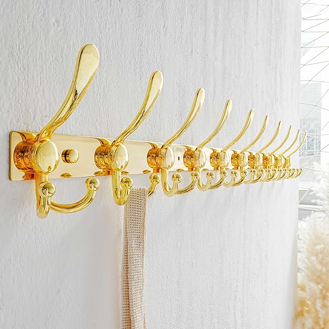 Dseap MaxStrong 2.0 Coat Rack Wall - 37” Long 10 Tri Hooks - Ultra Heavy-Duty Stainless Steel Wall Mount Coat Hanger, Hook Rail for Clothes Hats Jacket Towels Gold, Pack of 2