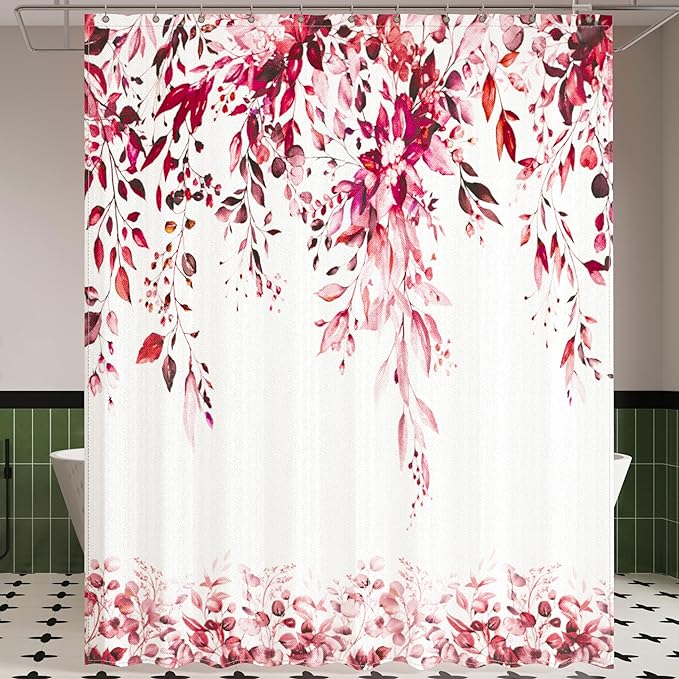 Red Eucalyptus Leaves Shower Curtain for Bathroom:Aesthetic Art Watercolor Plant Shower Curtains Sets with Hooks,Waterproof Fabric Decor 72x78 inches.