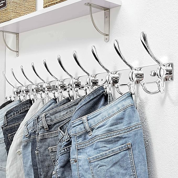 Dseap MaxStrong 2.0 Coat Rack Wall - 37” Long 10 Tri Hooks - Ultra Heavy-Duty Stainless Steel Wall Mount Coat Hanger, Hook Rail for Clothes Hats Jacket Towels Chromed