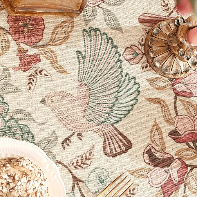 patdrea Designer Vintage Round Tablecloth,Pink Linen Table Cloth with Birds Pattern,Colorful Decoration French Table Cover for Kitchen Dining,Party,Thanksgiving,Christmas,Diameter 67"-Kulom a