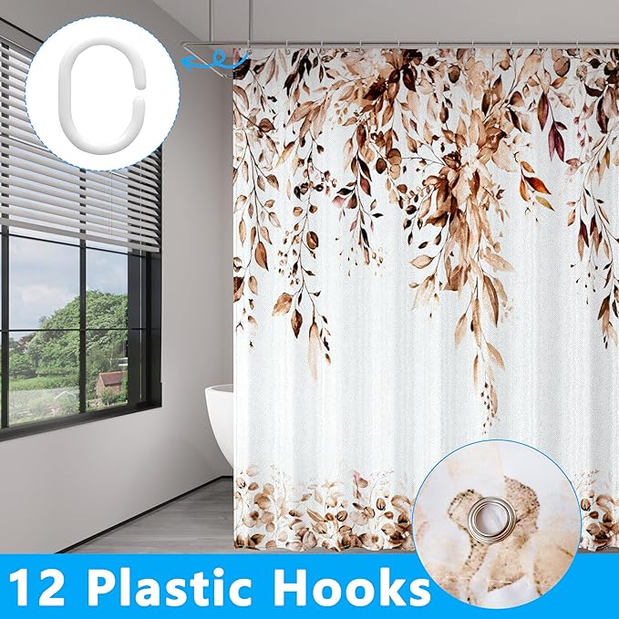 Brown Eucalyptus Leaves Shower Curtain for Bathroom:Aesthetic Art Watercolor Plant Shower Curtains Sets with Hooks,Waterproof Fabric Decor 36x72 inches.