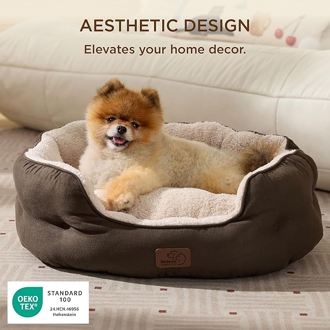 Bedsure Self Warming Dog Beds for Small Dogs - Round Medium Cat Beds for Indoor Cats, Washable Pet Bed for Puppy and Kitten with Slip-Resistant Bottom, 25 Inches, Self Warming Brown, Non-Electric