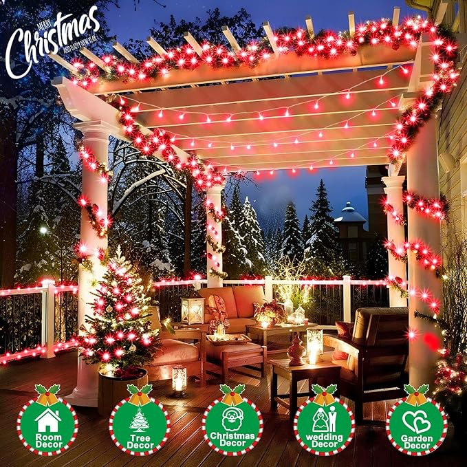 SAUIRS 197FT 500 LED Christmas Lights Outdoor String Lights with 8 Modes Timer Waterproof Fairy Light Plug in for Outside Indoor Party Xmas Palm Tree Yard Wedding Decorations(Red)